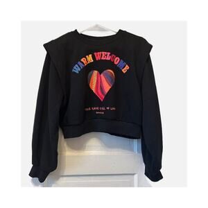 NWT Farm Rio Warm Welcome Ruffle Crop Sweatshirt Black XL